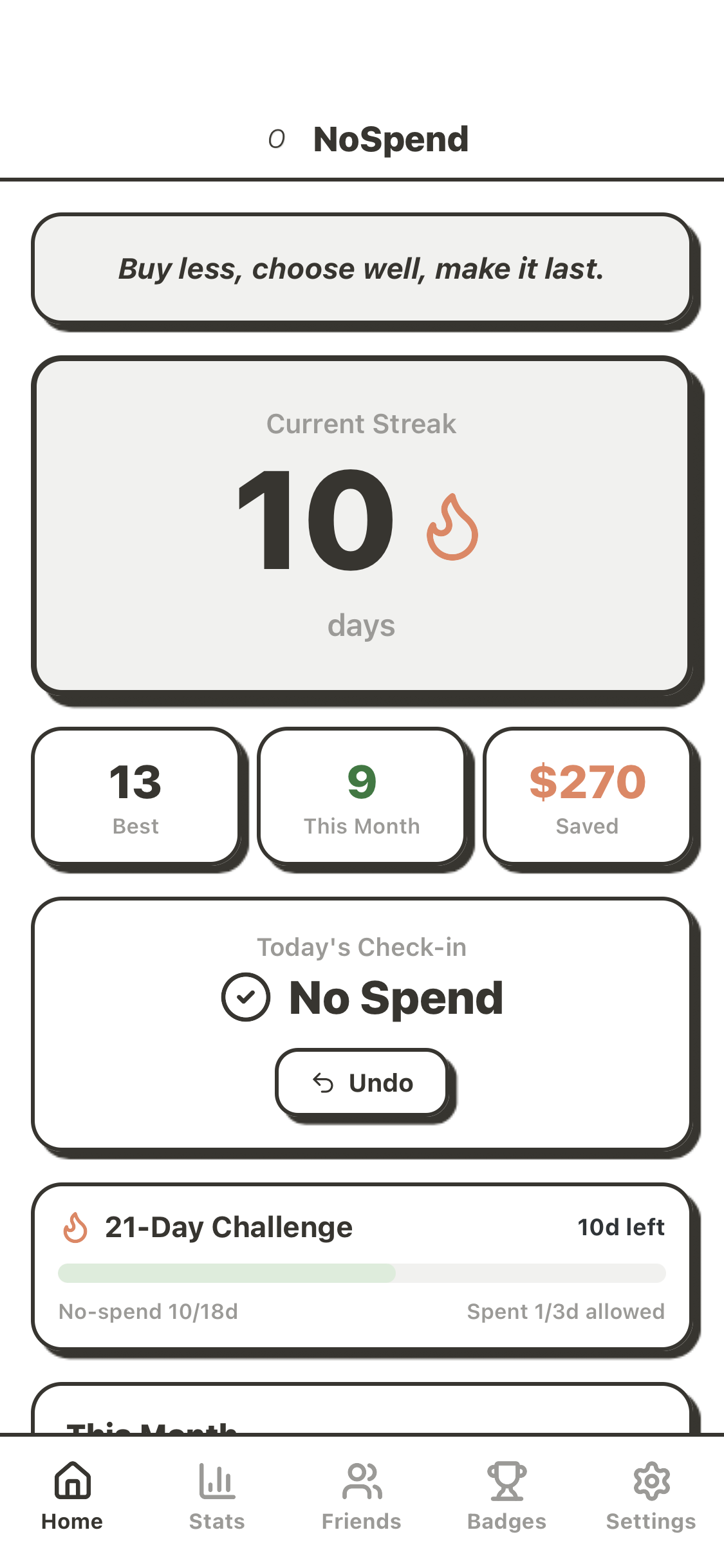 No-Spend Streak app screenshot